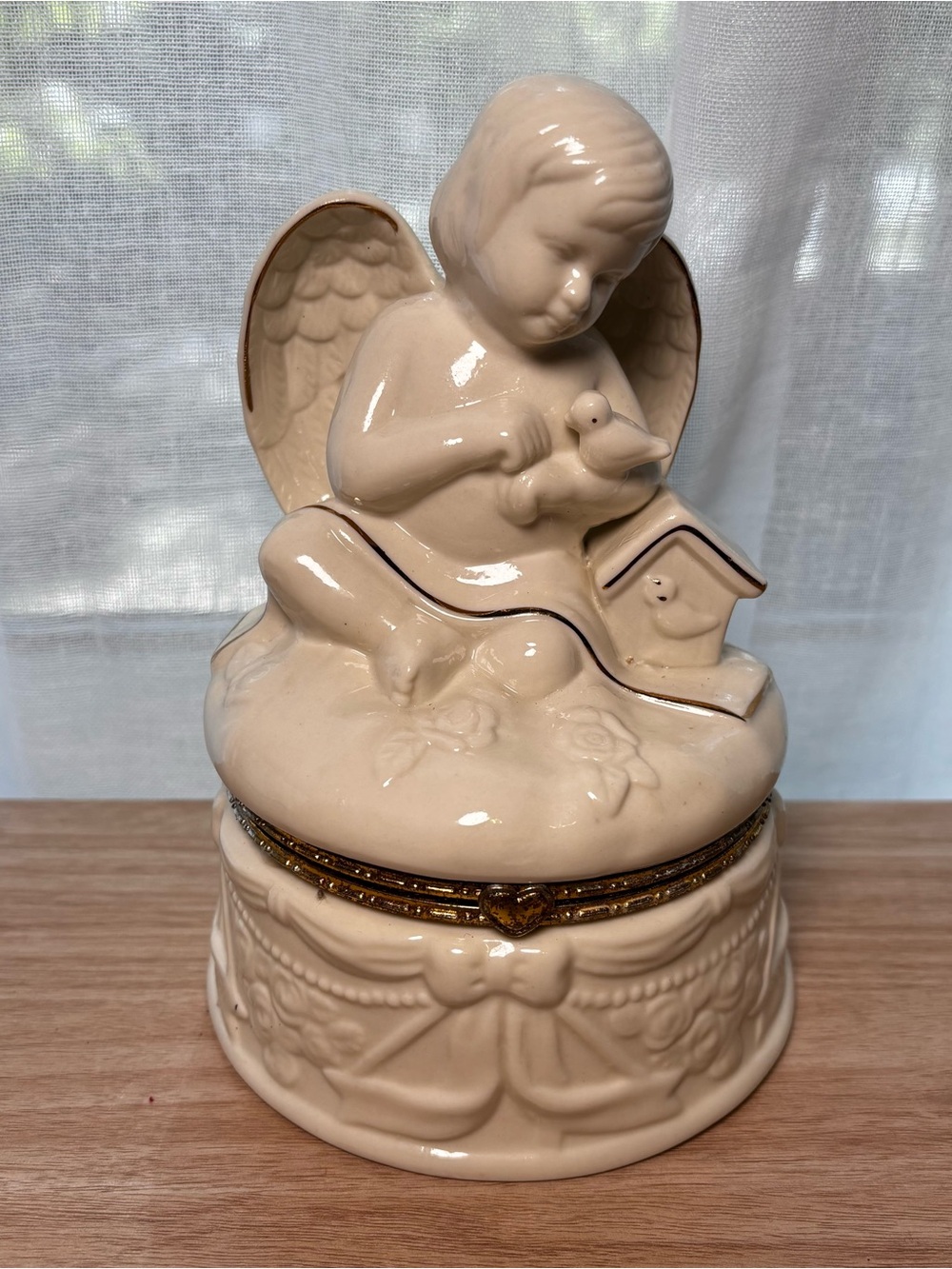 Cream Porcelain Angel Trinket Box with Gold Accent - Decorative Vanity Tray